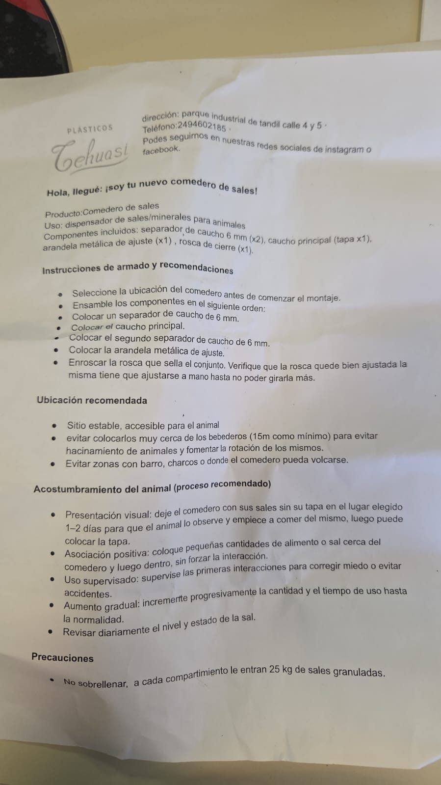 Fotografía del instructivo original recibido